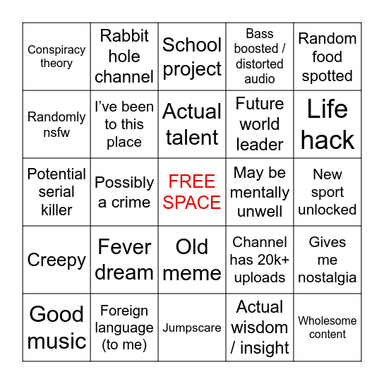 YOUTUBE’S RECYCLE BIN Bingo Card