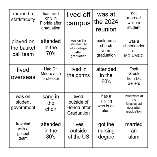 MCC Reunion Bingo Card