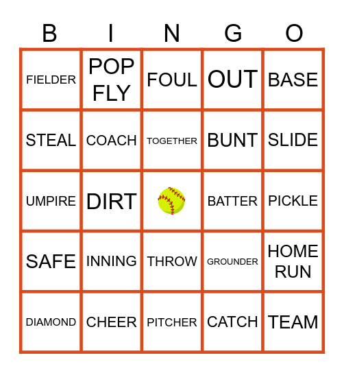 Softball BINGO Card