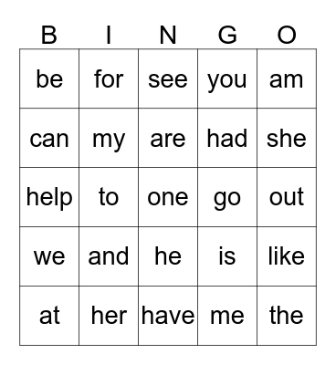Kindergarten Sight Words Bingo Card