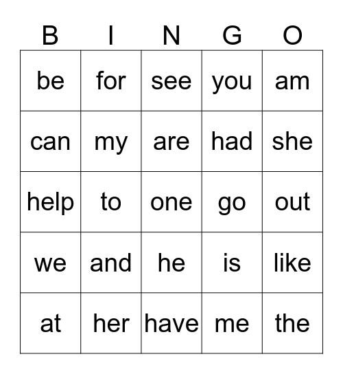 Kindergarten Sight Words Bingo Card