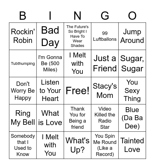 1 Hit Wonders Bingo Card