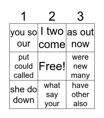 Sight Words Bingo Card