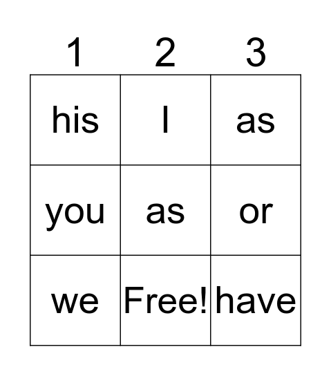 Sight Words Bingo Card