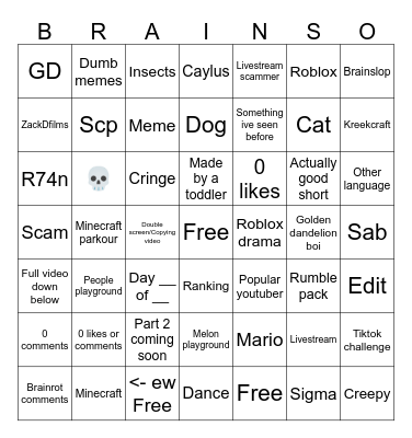 Yt shorts bingo Card