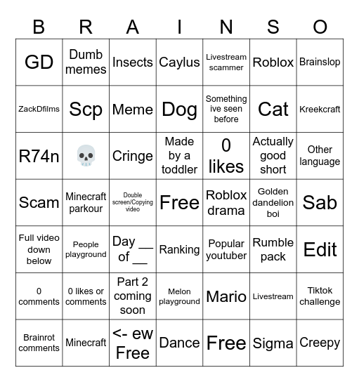 Yt shorts bingo Card