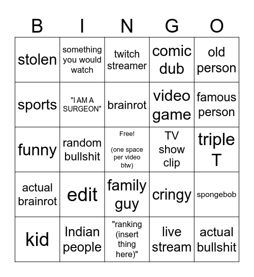 chwionn bingo card Bingo Card