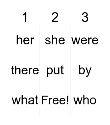 Sight Words Bingo Card