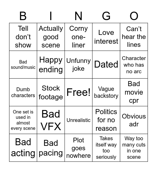 Bad movie Bingo Card