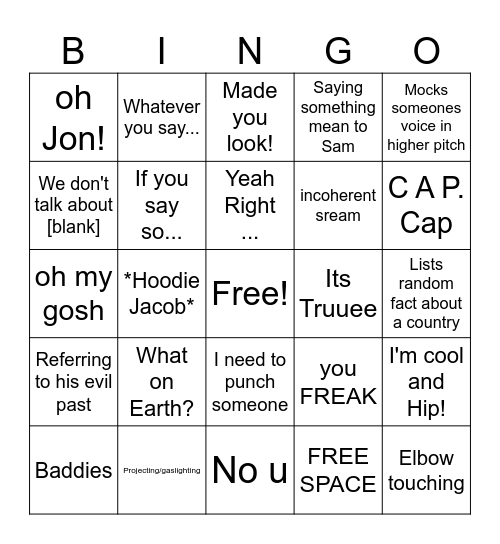 Jacob Bingo Card