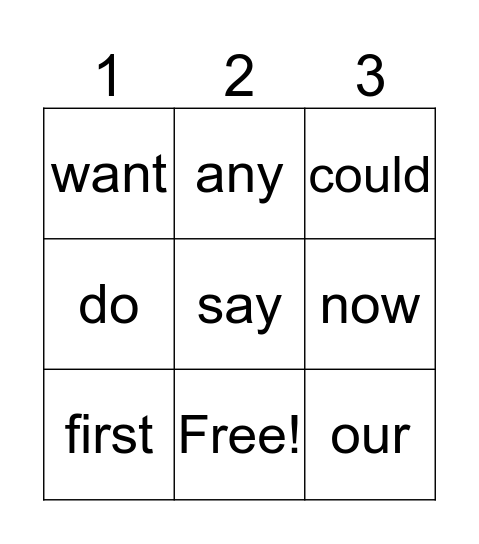 Sight Words Bingo Card