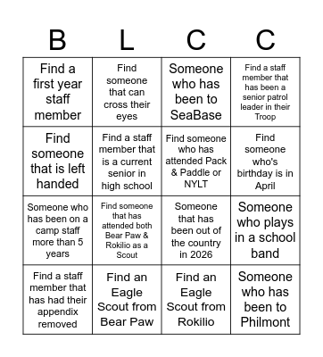 Bay Lakes Camp Staff Bingo Card