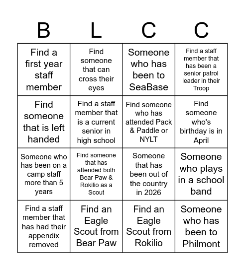 Bay Lakes Camp Staff Bingo Card