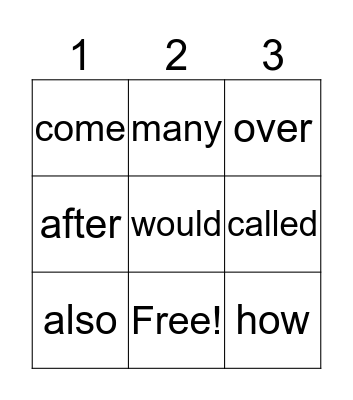 Sight Words Bingo Card