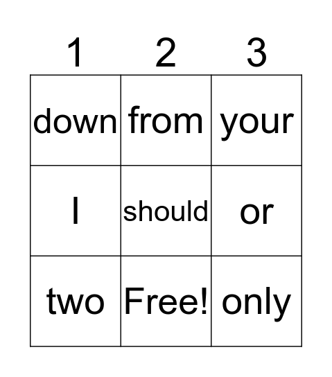 Sight Words Bingo Card