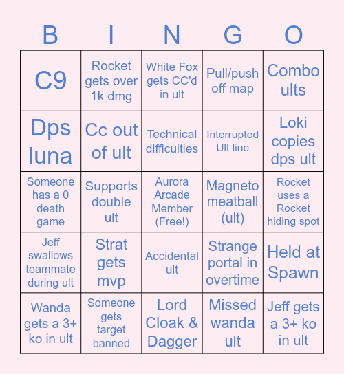 Aurora Arcade Tournament 4 Bingo Card