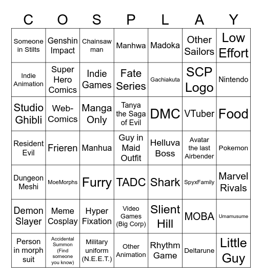 Anime Ottawa Cosplay Bingo Card