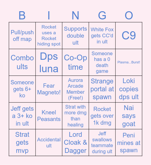 Aurora Arcade Tournament 4 Bingo Card