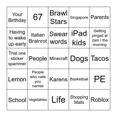 Things You Hate Bingo Card