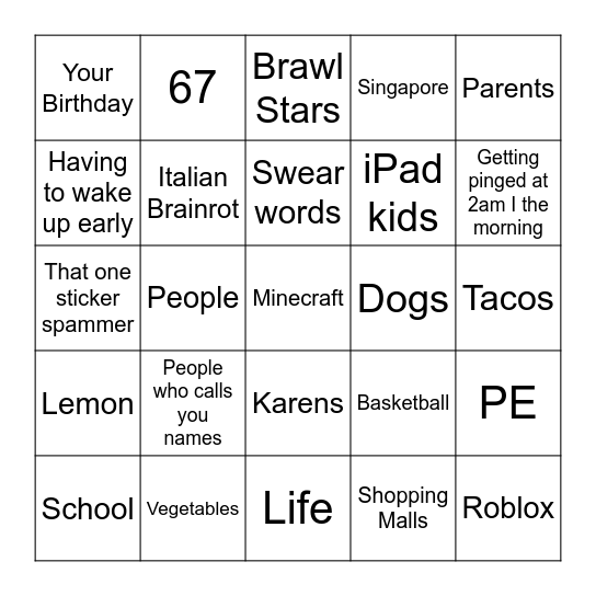 Things You Hate Bingo Card
