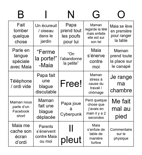 Family Bingo Card
