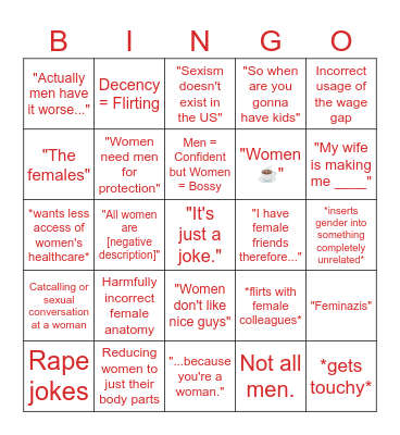 Misogyny Bingo Card