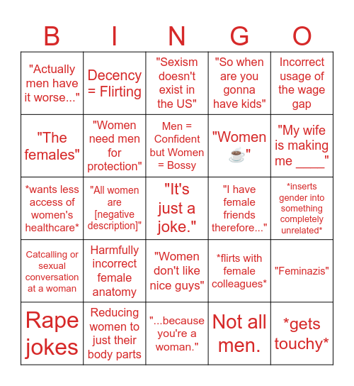 Misogyny Bingo Card