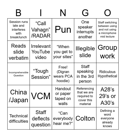 A31 Central Days Bingo Card