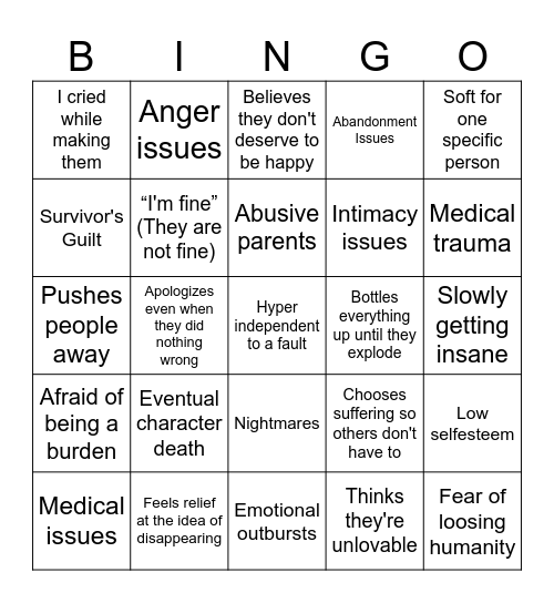 OC Angst Bingo Card