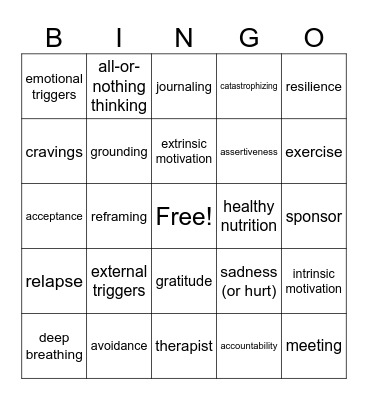 Recovery Bingo Card