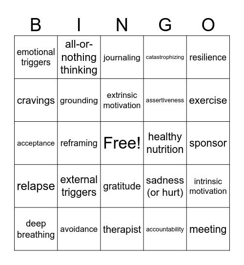 Recovery Bingo Card