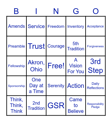 Sobriety Bingo Card
