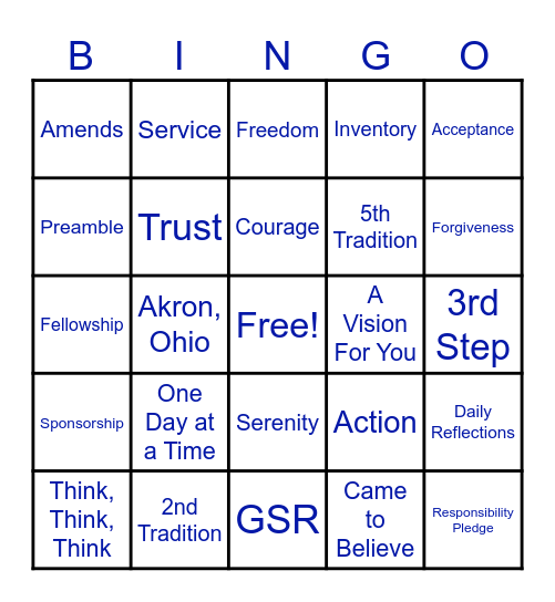 Sobriety Bingo Card