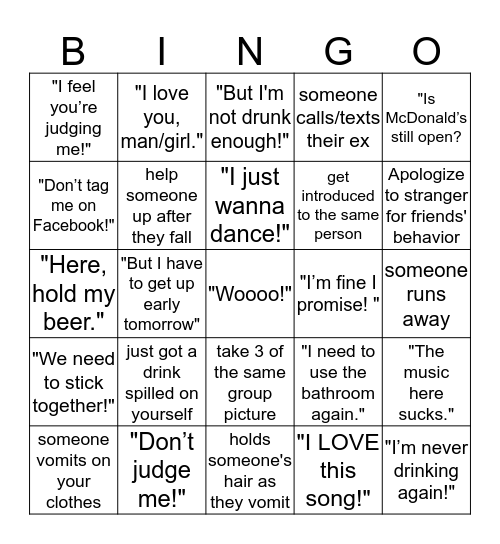 Designated Driver Bingo Card