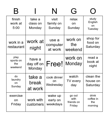 have a day off on Monday Bingo Card