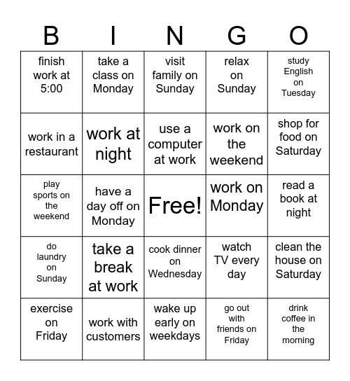 have a day off on Monday Bingo Card