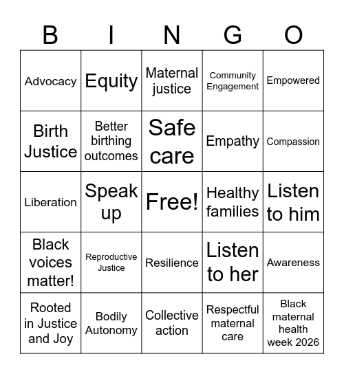 Black Maternal Health Week 2026 Bingo Card