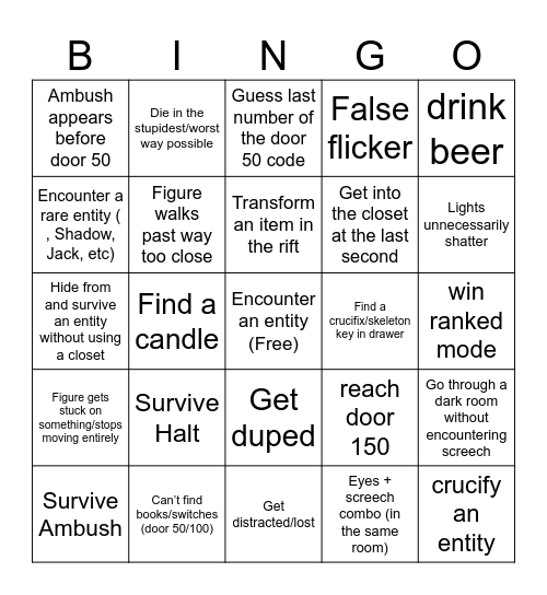 Roblox Doors Bingo Card