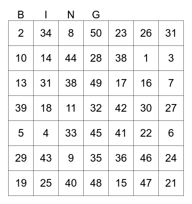 Numbers 1 - 50 Bingo Card