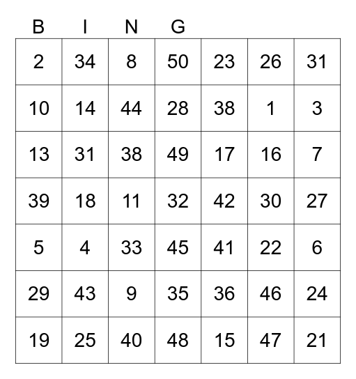 Numbers 1 - 50 Bingo Card