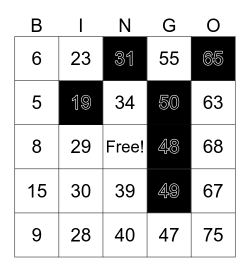Number Bingo 1-75 Bingo Card