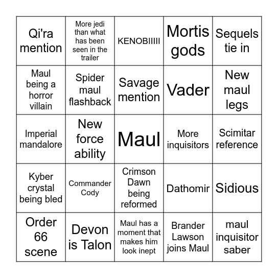 Maul: Shadow Lord Bingo Card