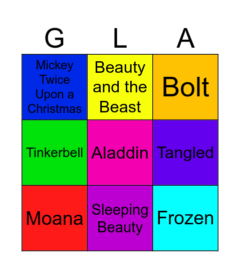 Glasgow Princess Names Concert Disney Bingo Card