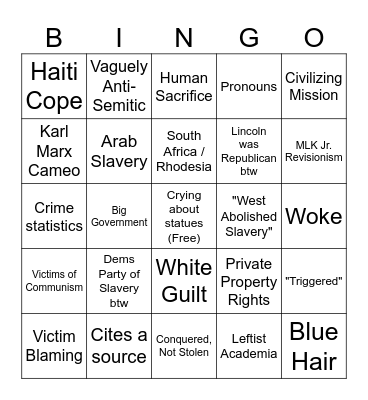 Matt Walsh "Real" History Bingo Card