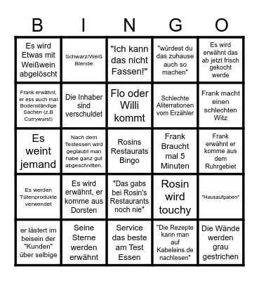Rosins Restaurant Bingo Card