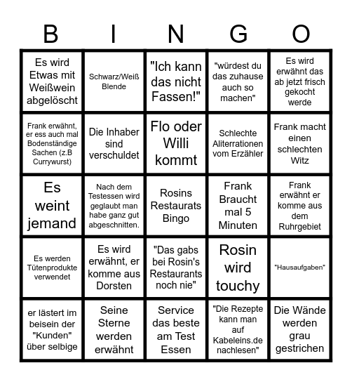 Rosins Restaurant Bingo Card