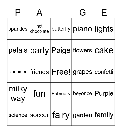 Paige's Bingo Card