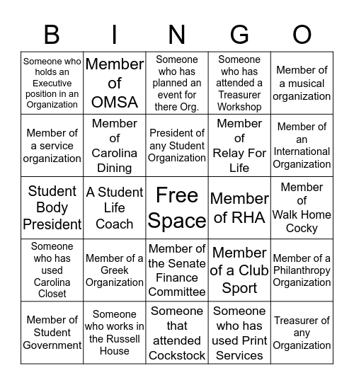 Student Organization Bingo  Bingo Card