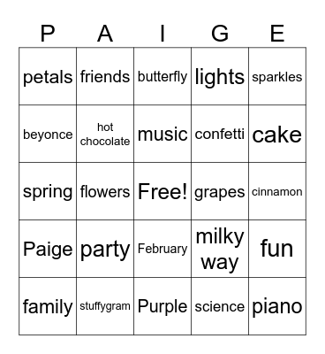 Paige Bingo Card