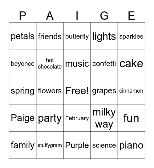 Paige Bingo Card